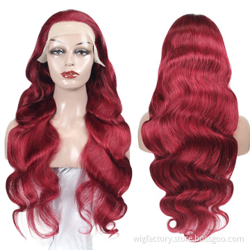 Factory wholesale 30 Inch Long 99j body waves wig lac frontal Human Hair 99j frontal wig 10a 99j human hair transparent wig